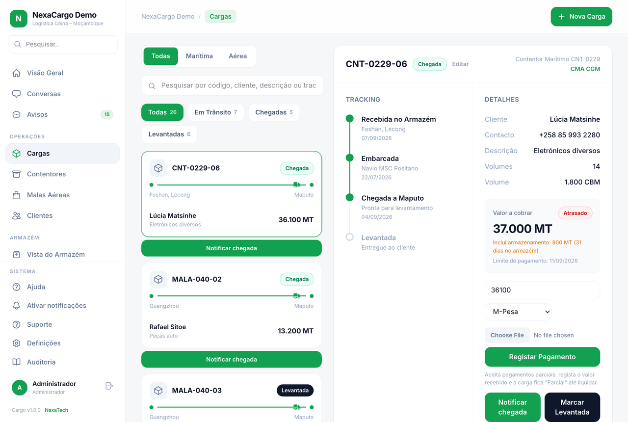 Cargo: gestão de cargas, percurso e pagamentos numa interface de demonstração
